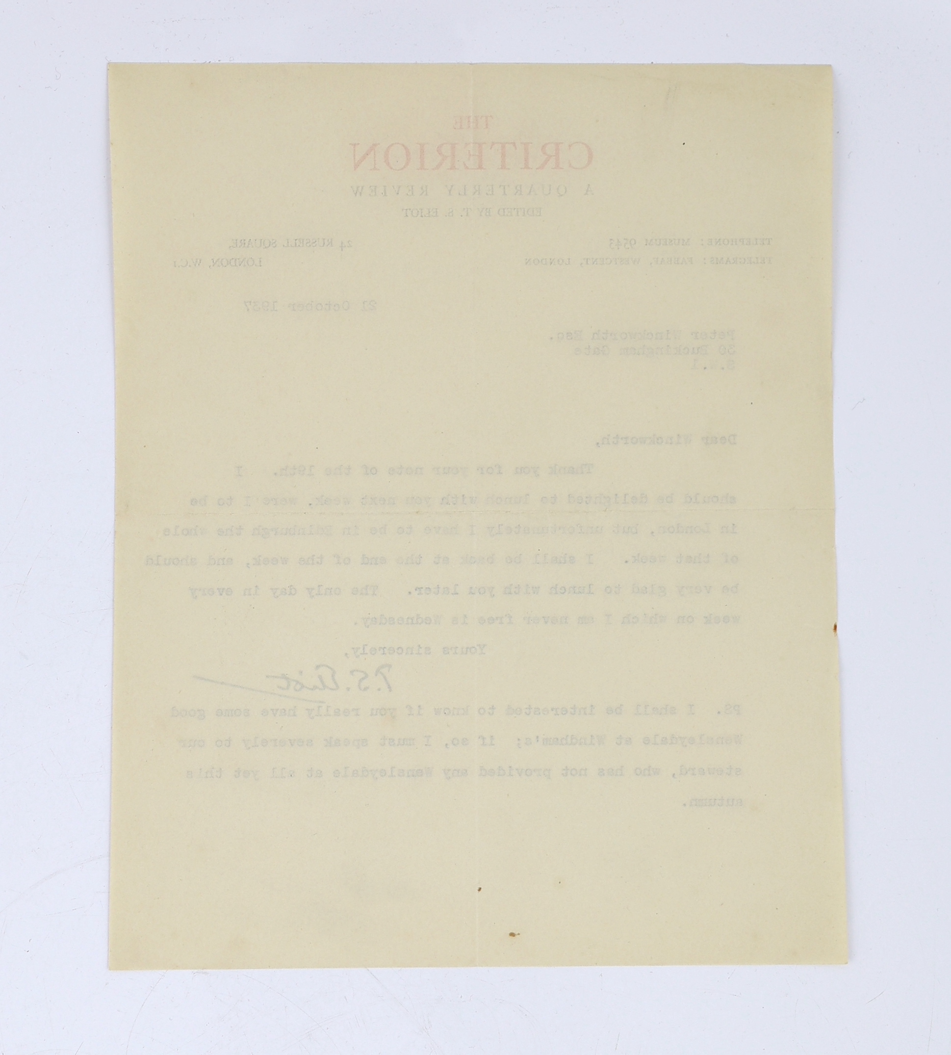 Eliot, Thomas Stearns (1888-1965), poet, critic and publisher, Criterion, 24 Russell Square, London WC1; letter to Peter Winckworth ‘Dear Winckworth’, 30 Buckingham Gate. London SW1, 21 October 1937